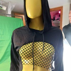 Women Mesh Fishnet Hood Pullover Crop Top Long Sleeve goth streetwear